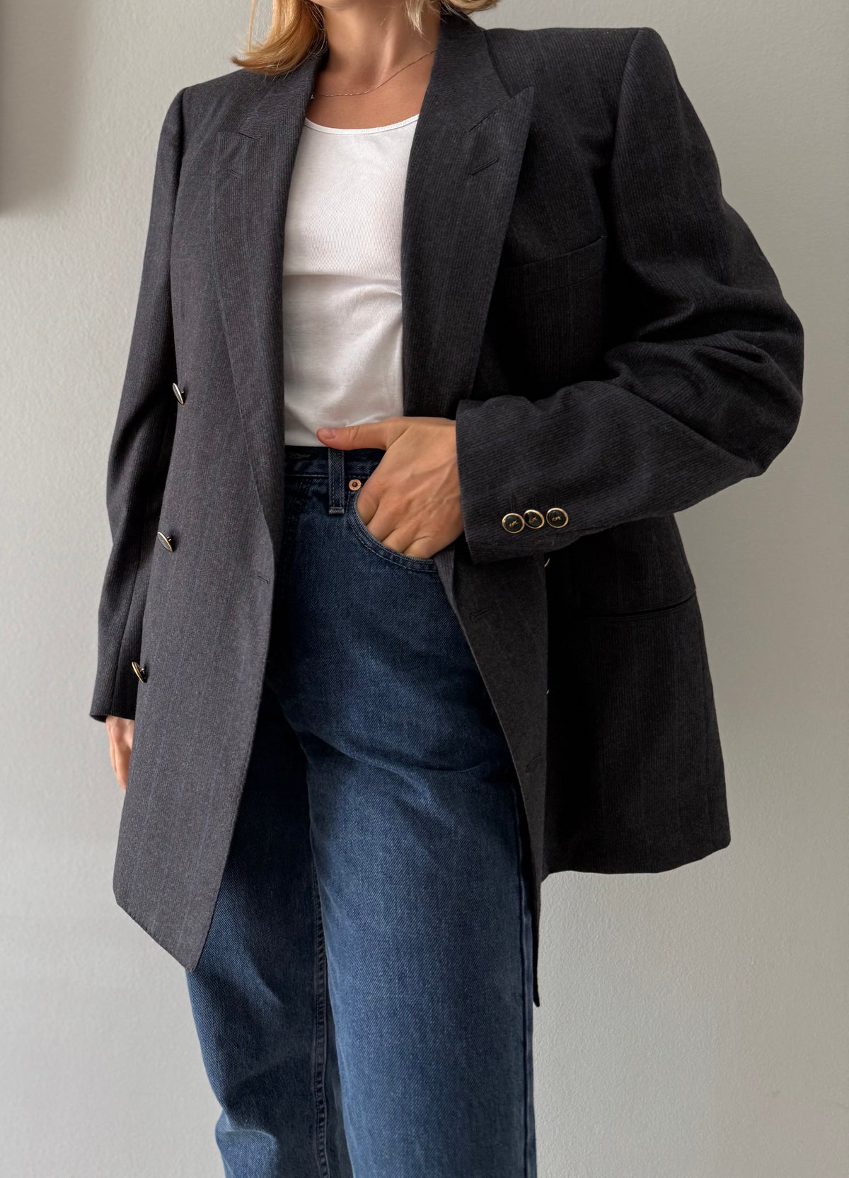 Yves Saint Laurent 90s wool blazer blue gray stripes