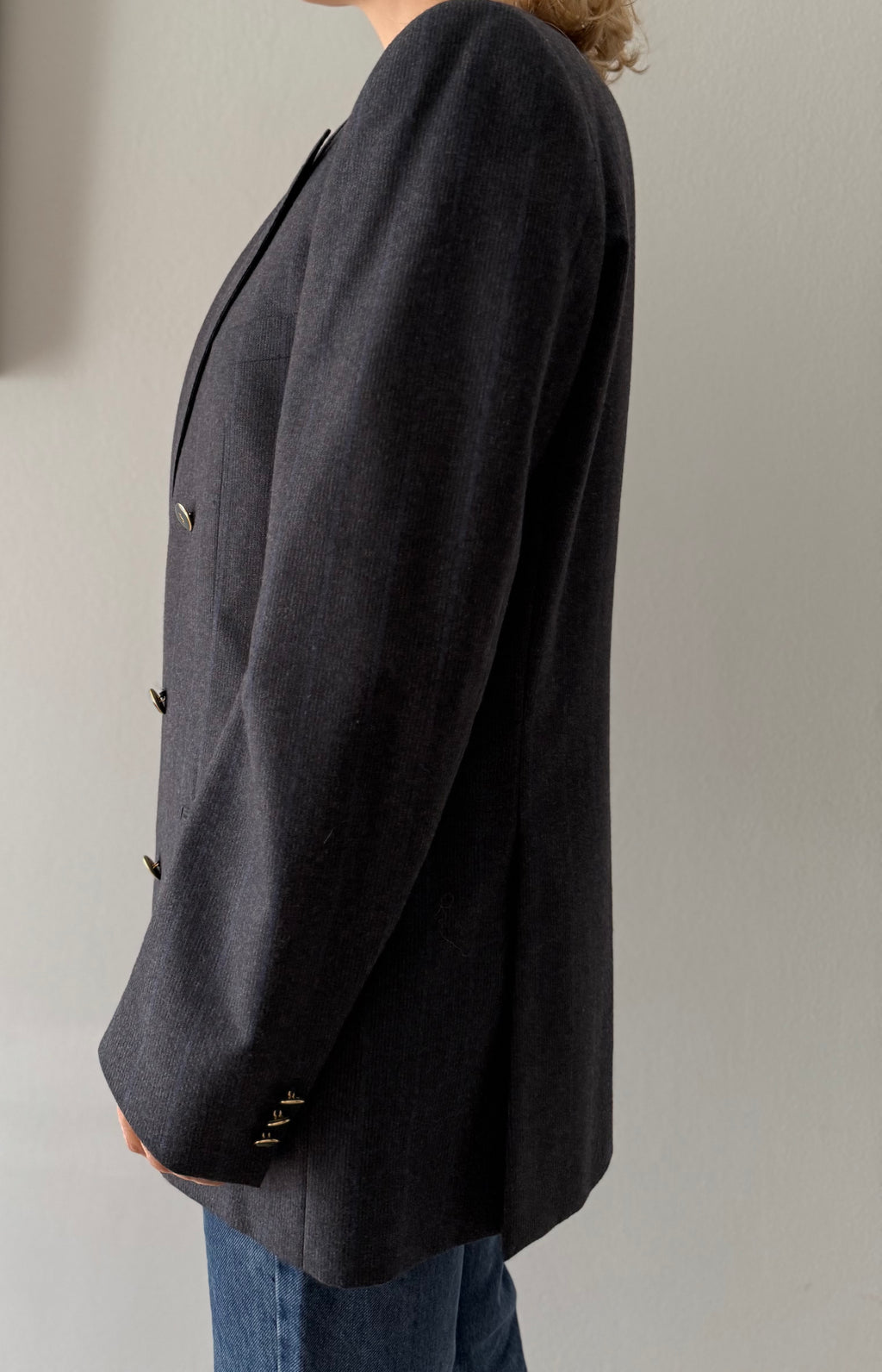 Yves Saint Laurent 90s wool blazer blue gray stripes