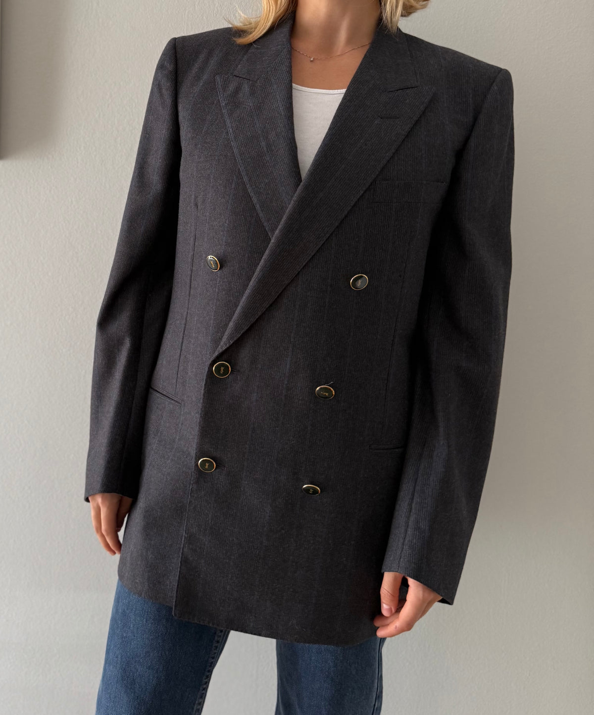 Yves Saint Laurent 90s wool blazer blue gray stripes