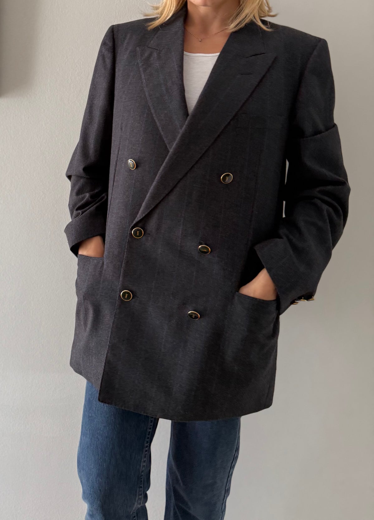 Yves Saint Laurent 90s wool blazer blue gray stripes