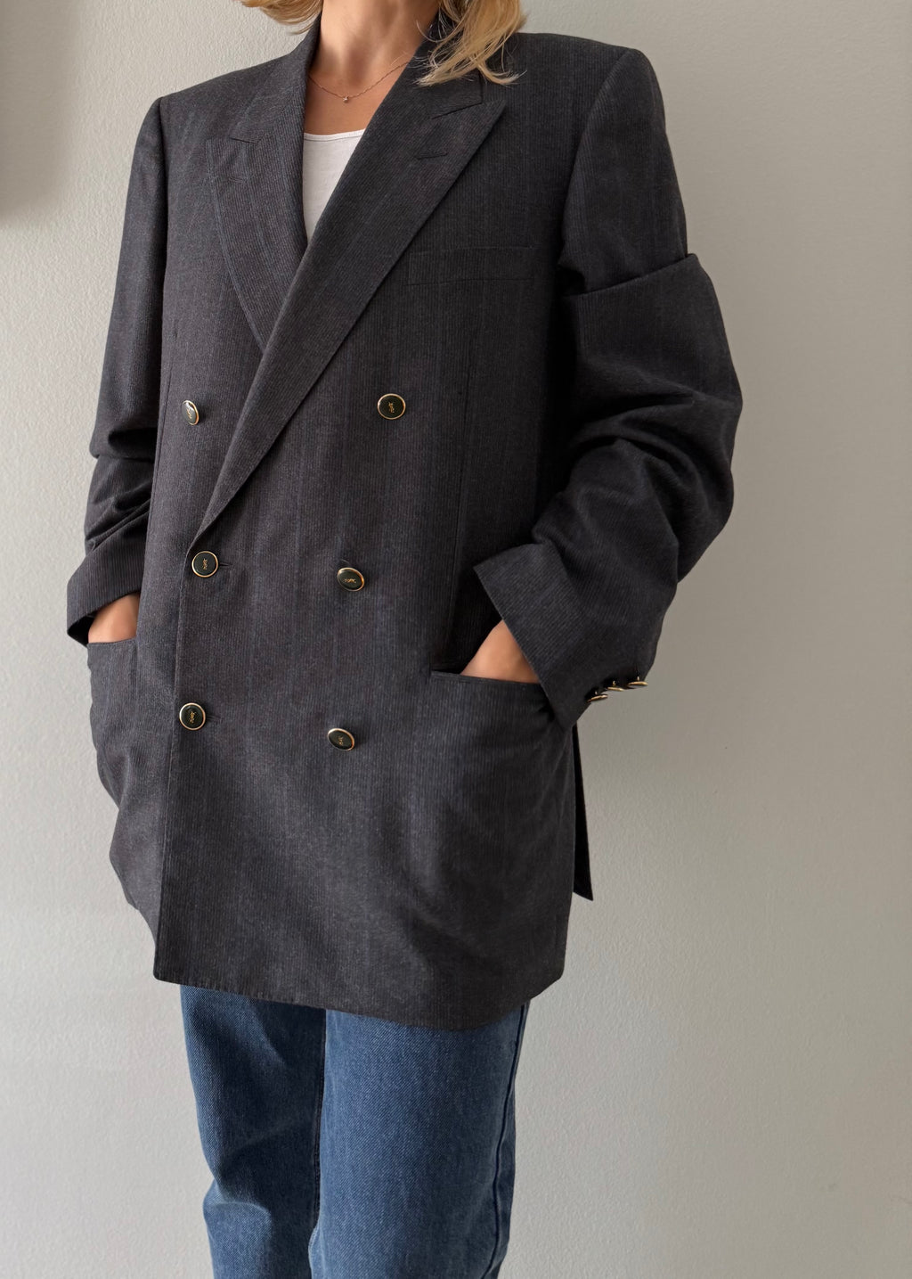 Yves Saint Laurent 90s wool blazer blue gray stripes