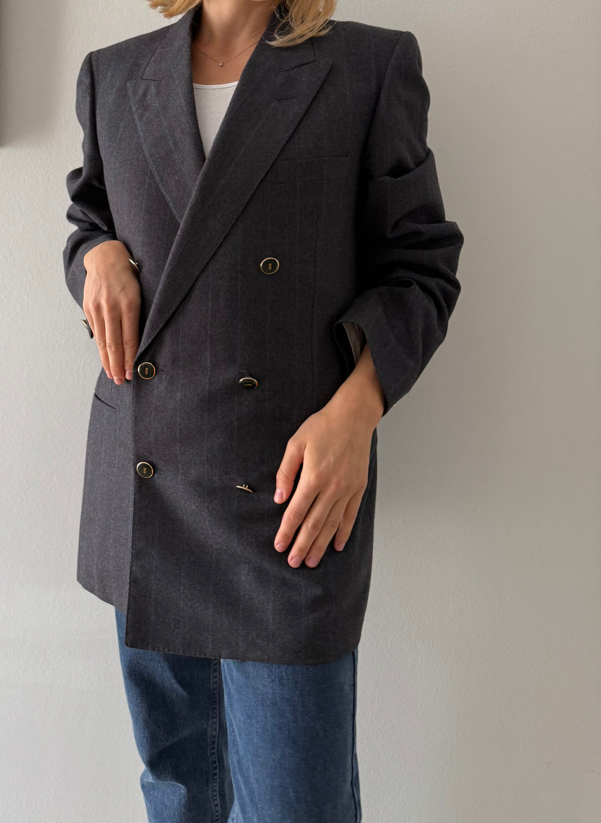 Yves Saint Laurent 90s wool blazer blue gray stripes
