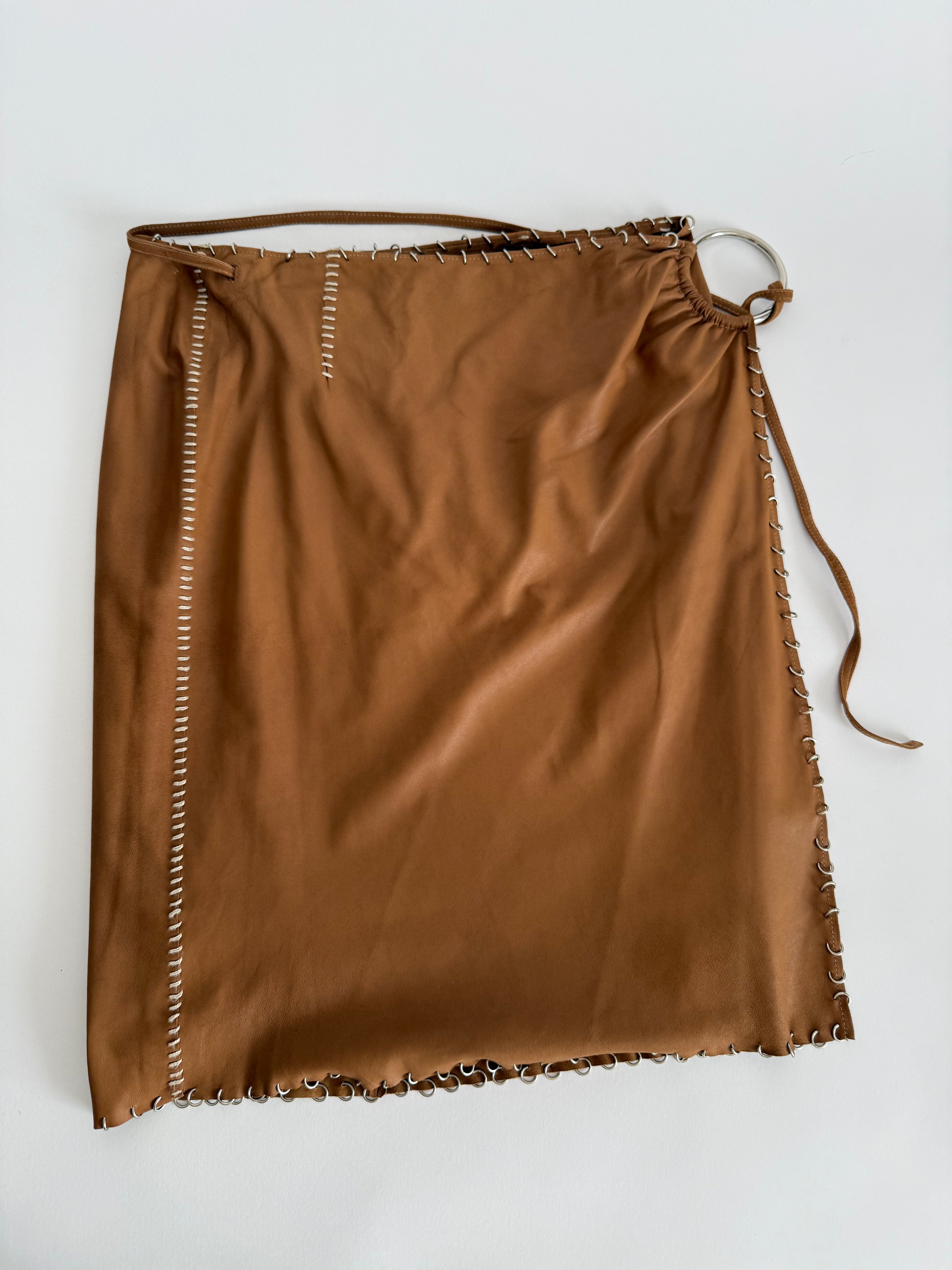 Paco Rabanne SS 2001 Runway leather brown rings skirt