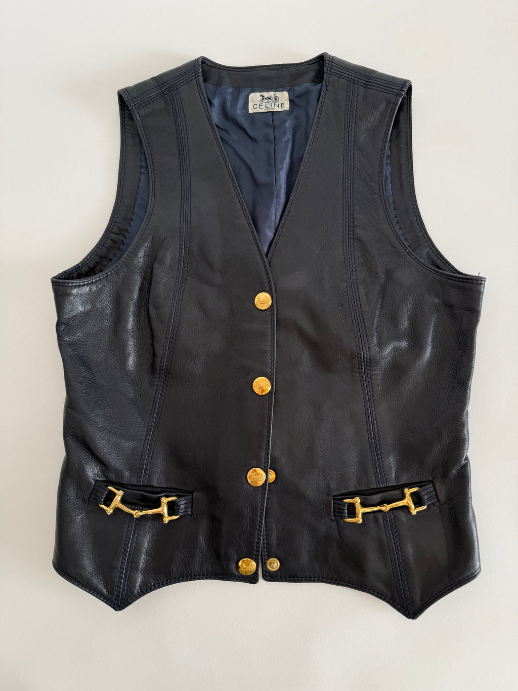 Rare authentic Céline leather navy vest 1970 1980 circa