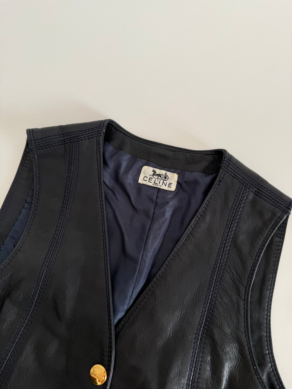 Rare authentic Céline leather navy vest 1970 1980 circa