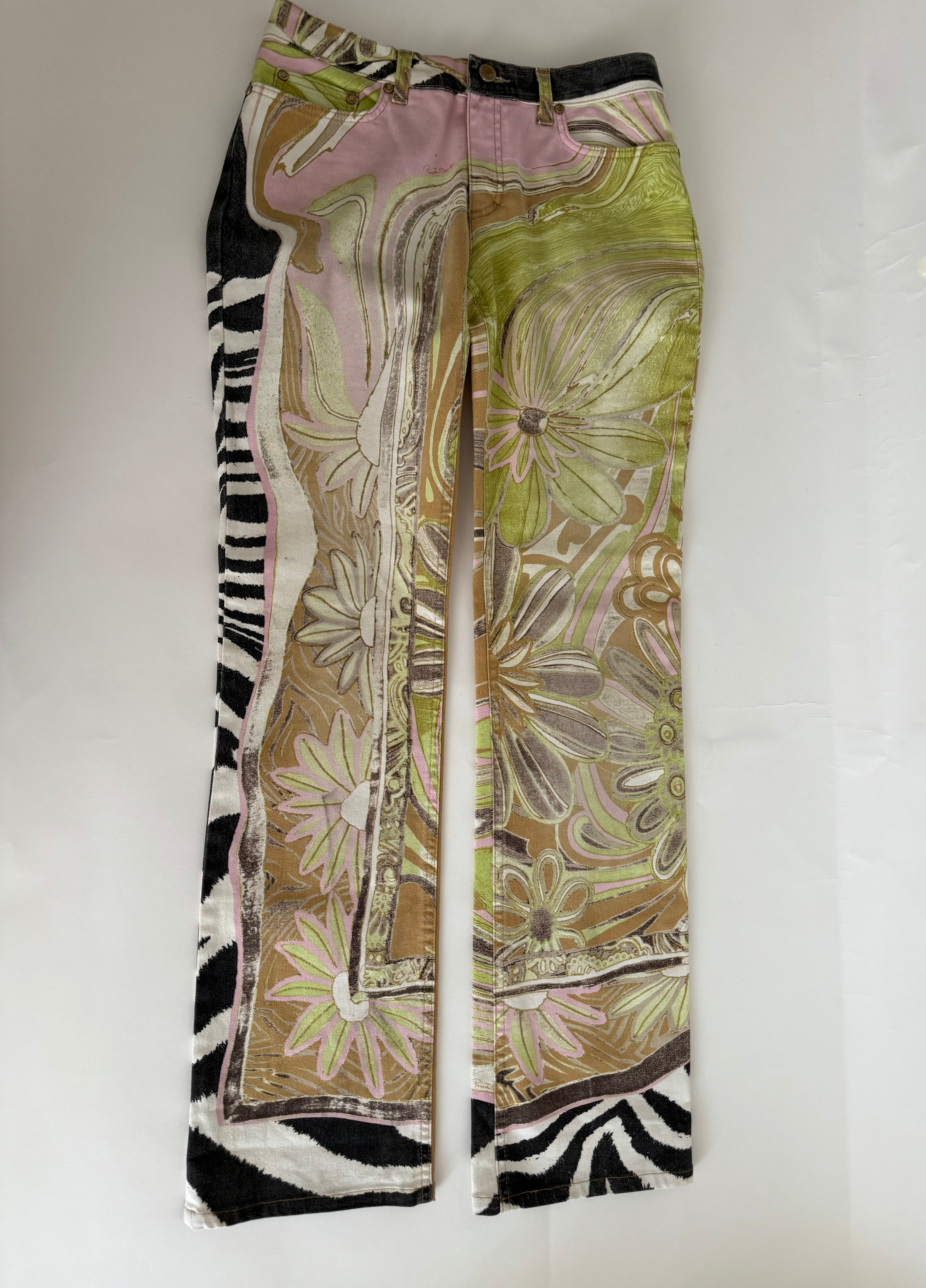 Roberto Cavalli SS 2004 zebra floral multicolored jeans