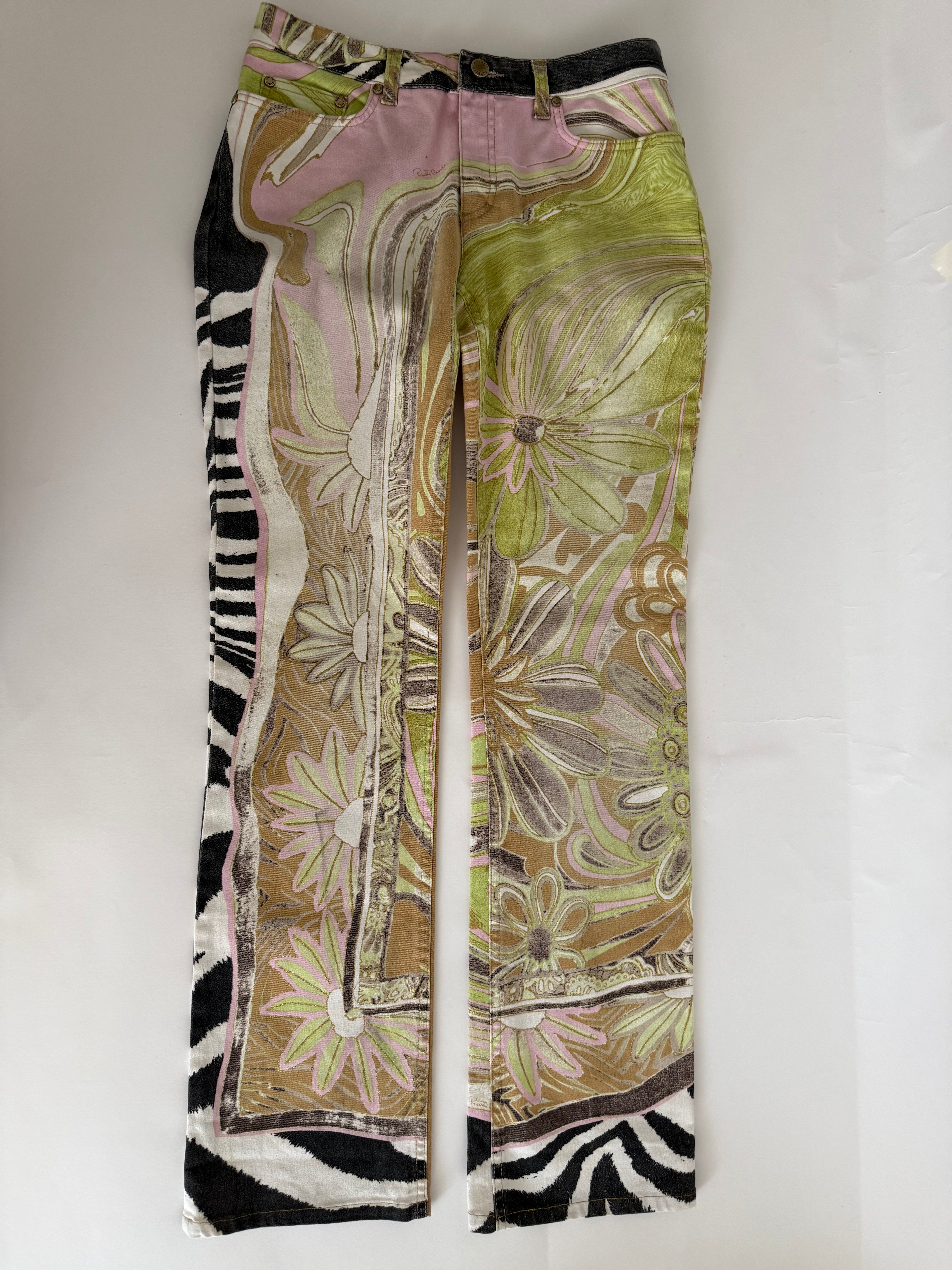Roberto Cavalli SS 2004 zebra floral multicolored jeans