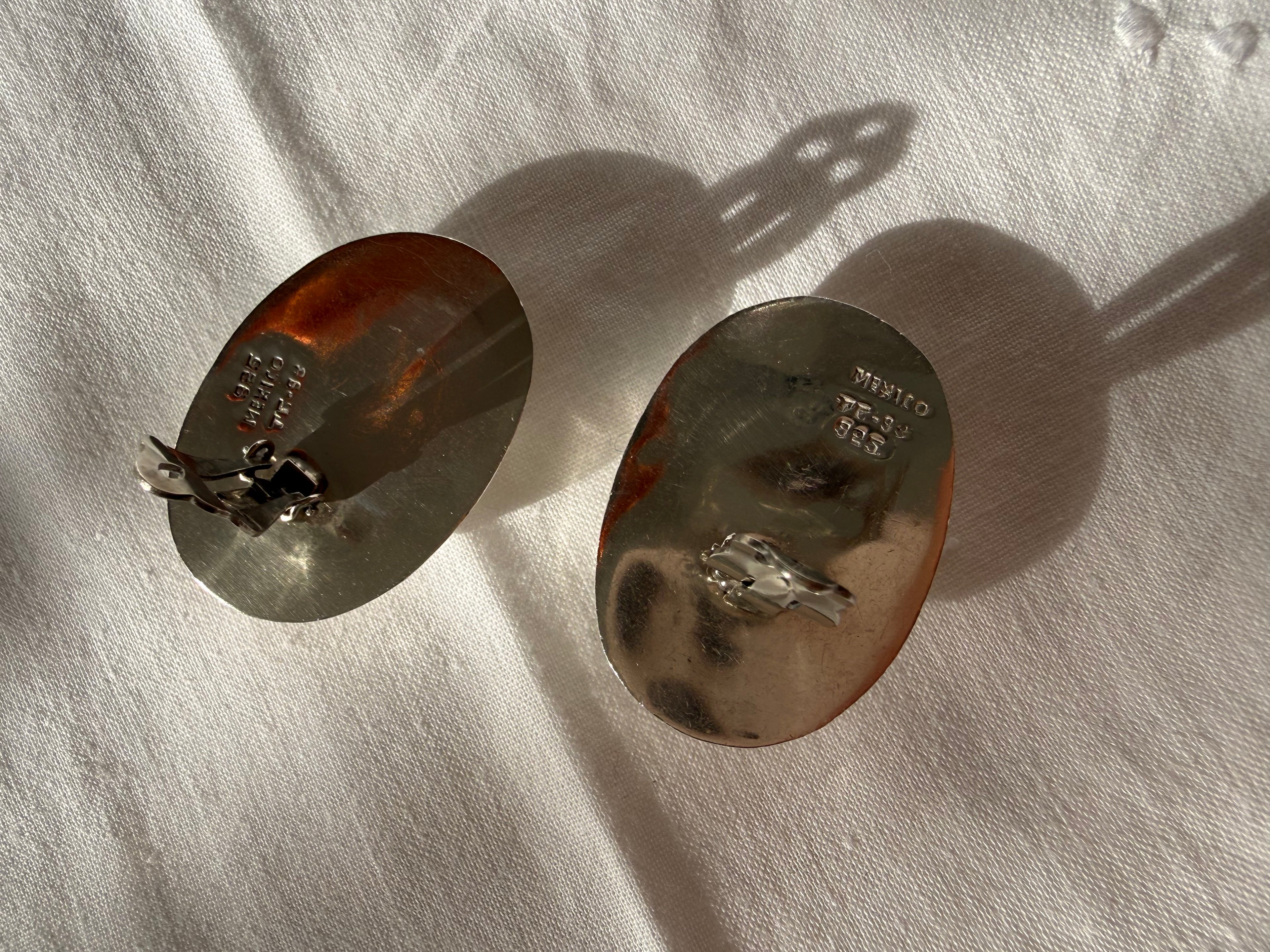 Large oval earrings 925 silver corrugated clip-on Mexico