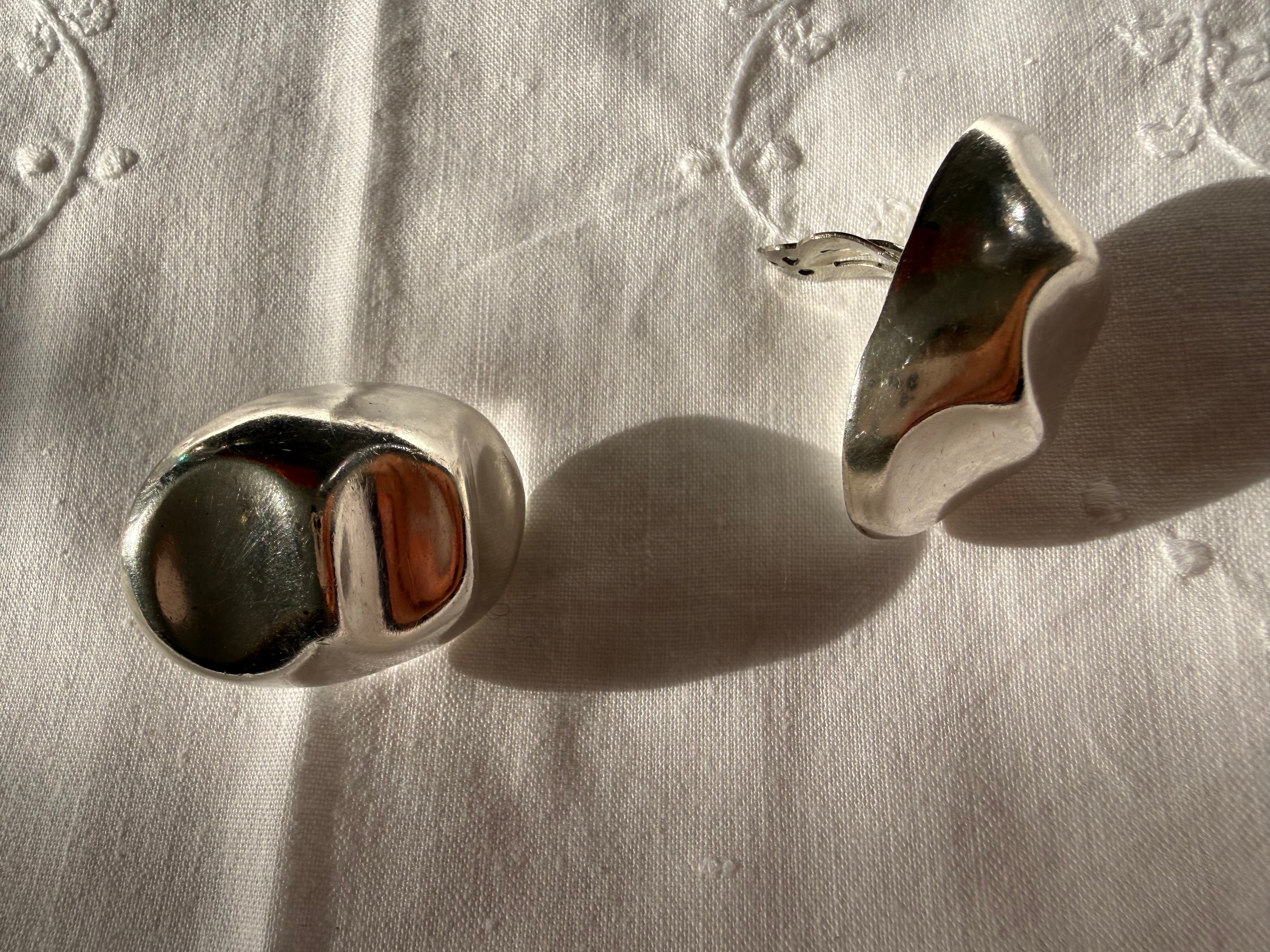 Large oval earrings 925 silver corrugated clip-on Mexico