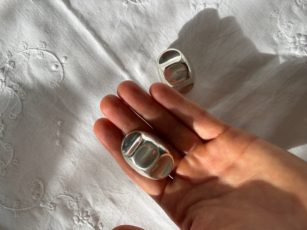 Large oval earrings 925 silver corrugated clip-on Mexico
