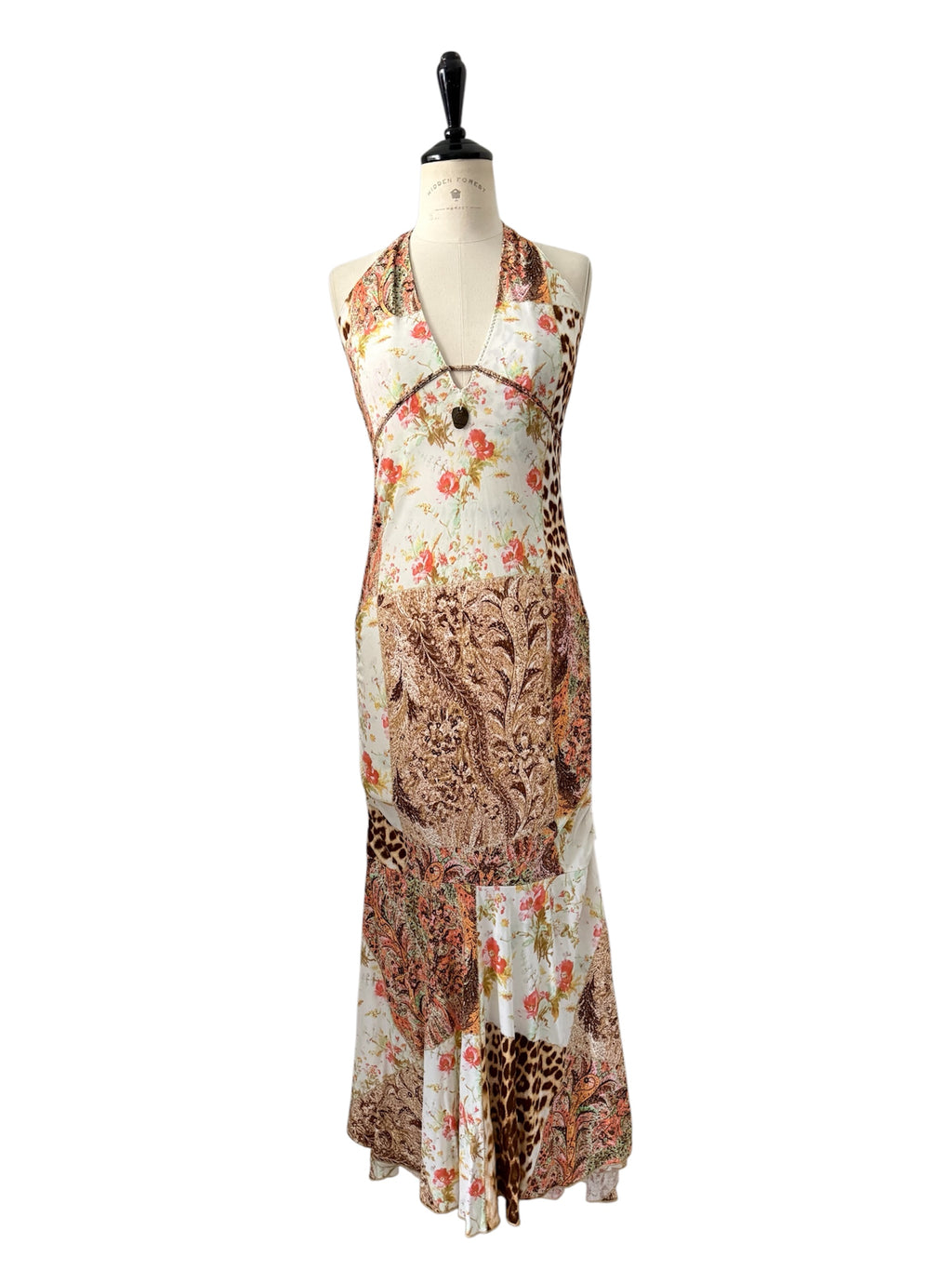 Roberto Cavalli Class 2004 patchwork print halter maxi dress