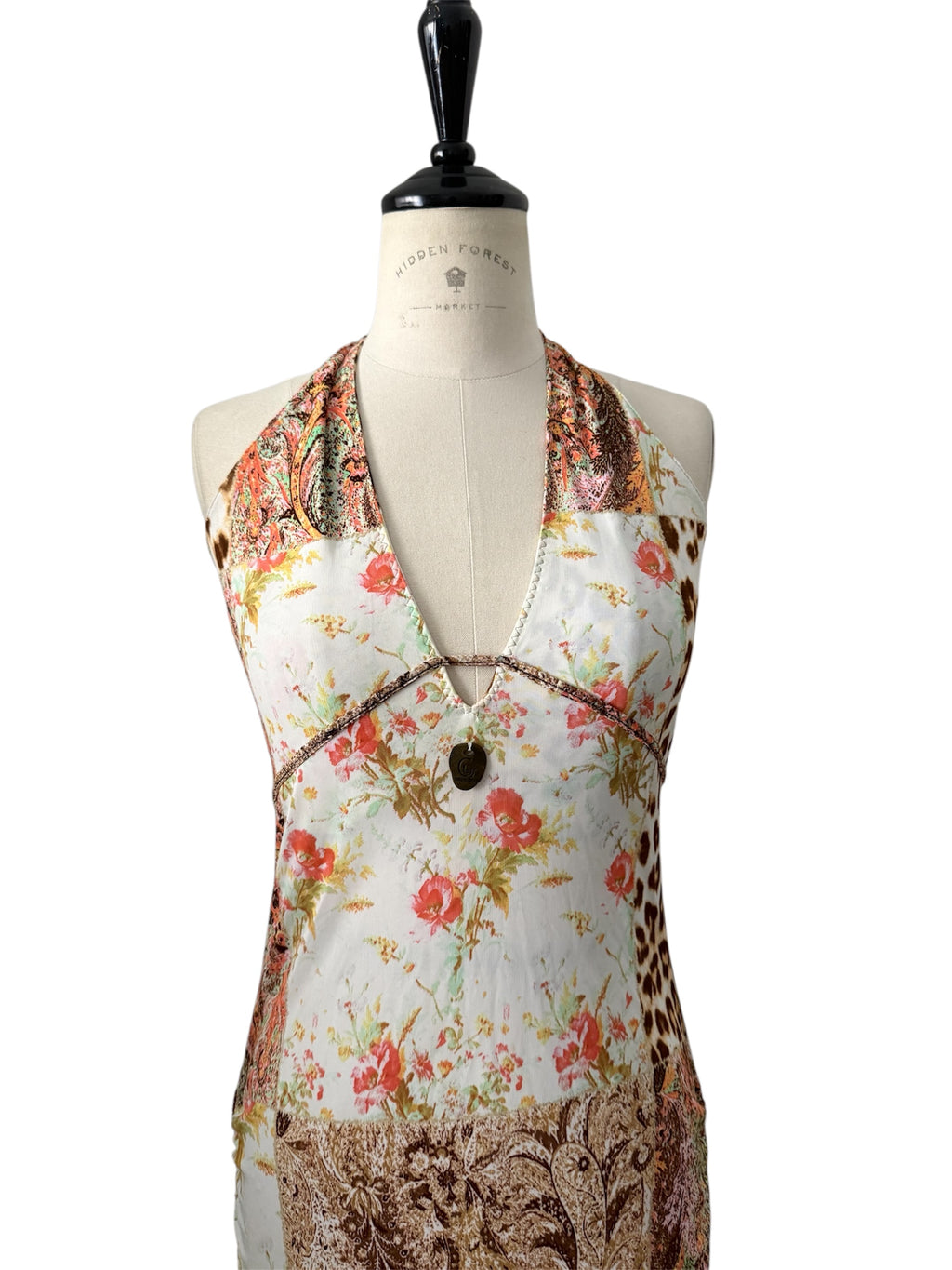 Roberto Cavalli Class 2004 patchwork print halter maxi dress