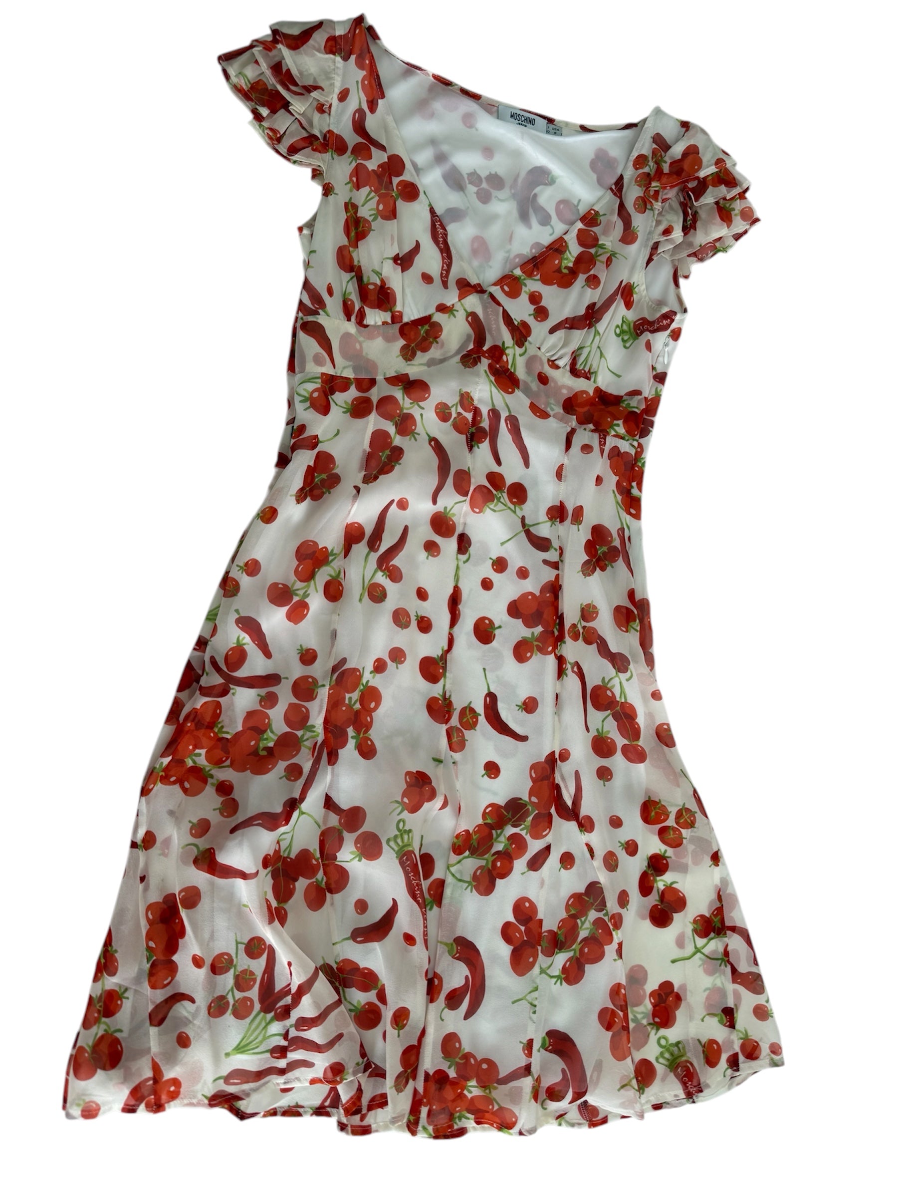 Moschino black chili peppers & cherry tomato silk dress 