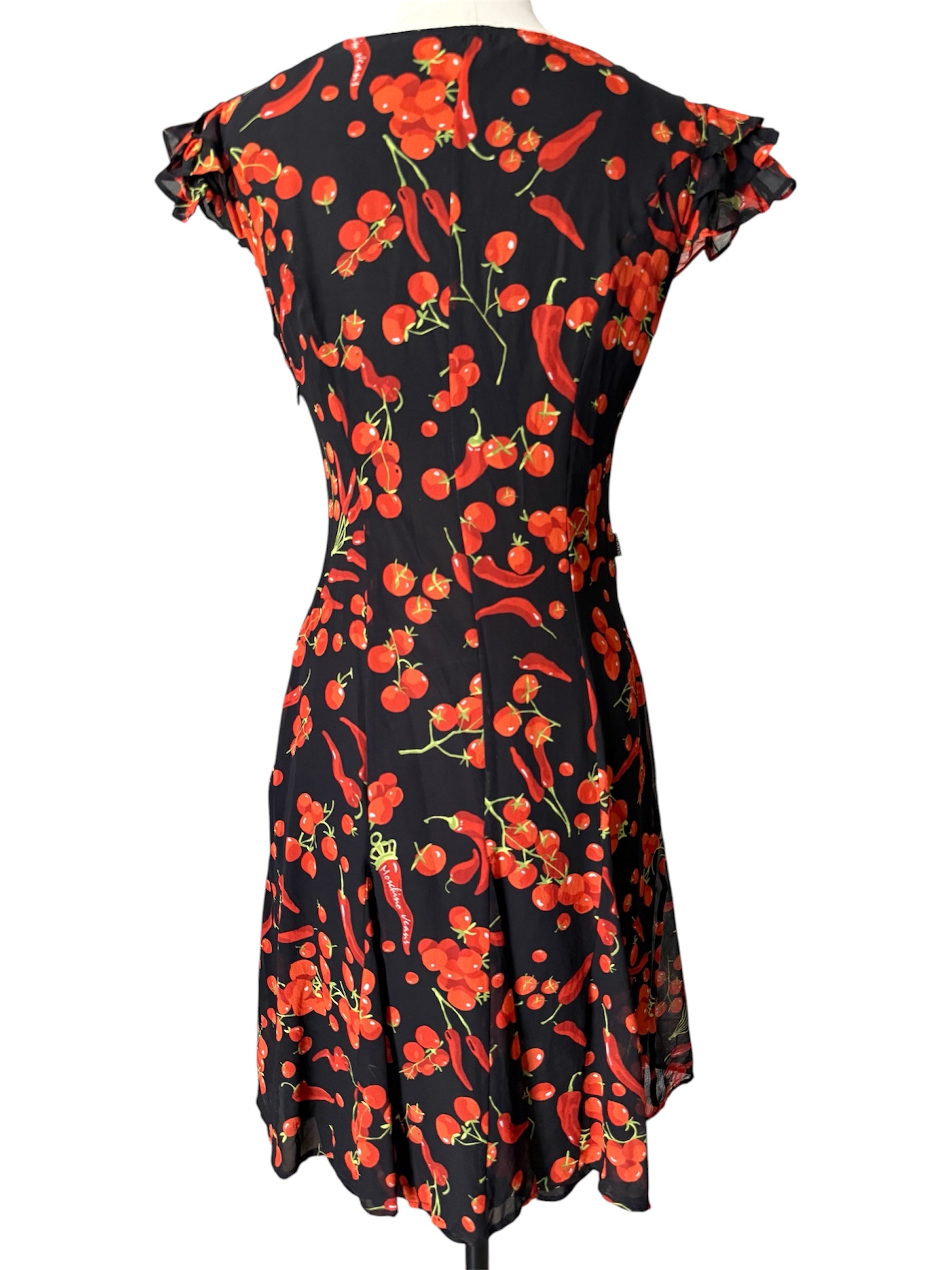 Moschino black silk dress cherry tomatoes & chili peppers