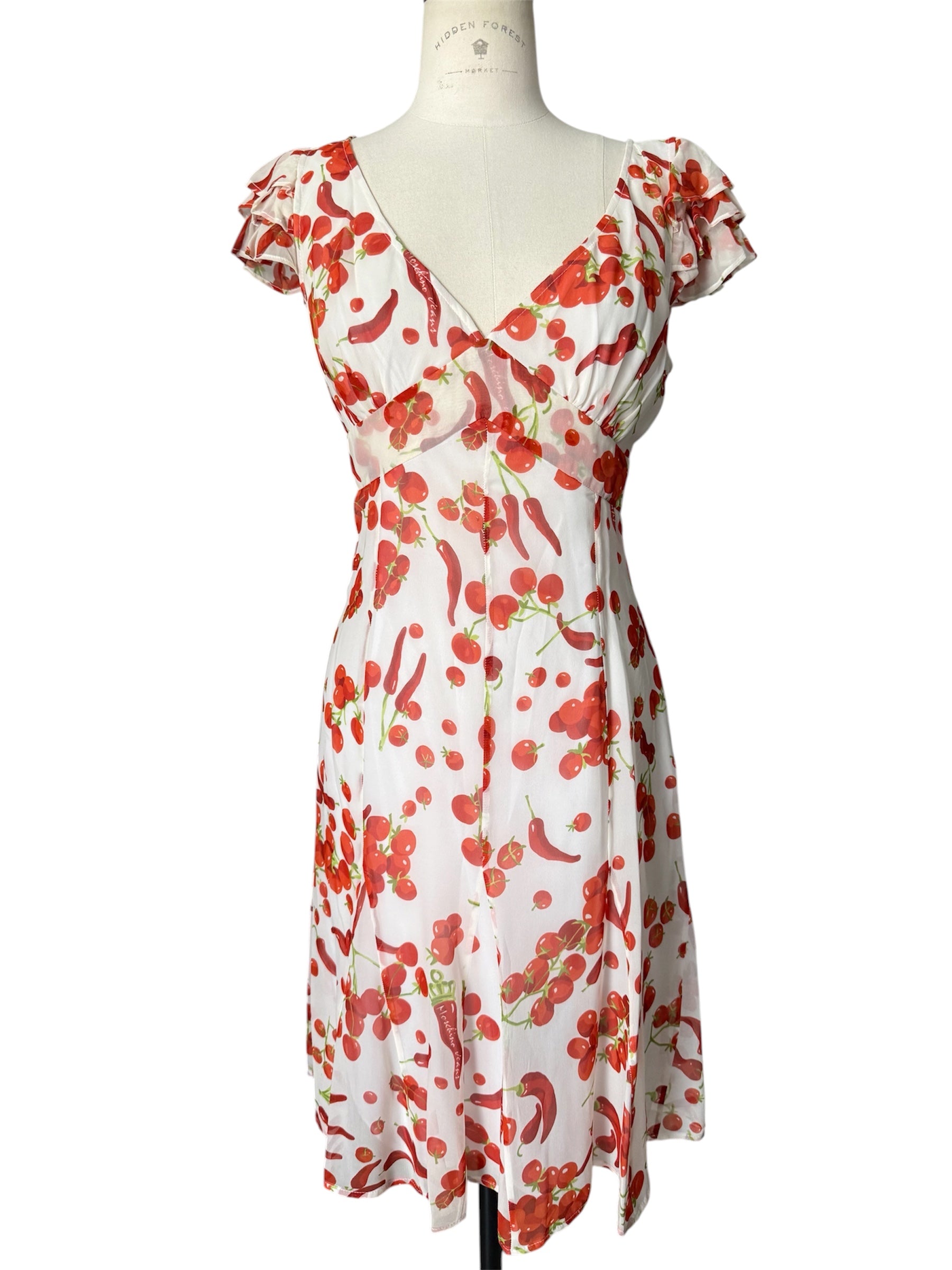 Moschino black chili peppers & cherry tomato silk dress 