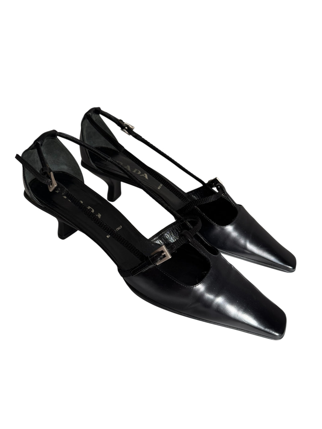 Prada black leather pumps t-strap 90s